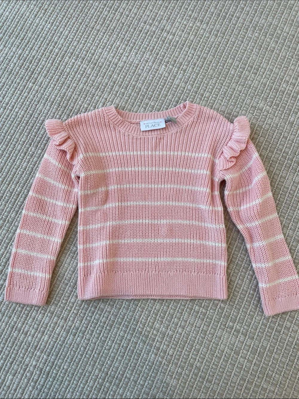 The Children's Place Pink & White Striped Ruffle Shoulder Sweater